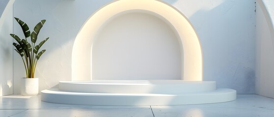 Poster - Modern Minimalist Studio with Curved Architecture and Indoor Plant, Featuring Warm Lighting on Elevated White Platform in Clean Space