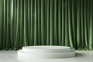 Poster - Elegant Green Drapery with a Minimalist Round Platform Ideal for Presentations, Performances, or Photography Sessions in a Studio Setting