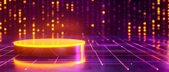 Aufkleber - Futuristic glowing platform with vibrant neon lights and digital particle effects, set against a mesmerizing abstract background with a high-tech feel.