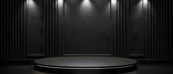 Poster - Empty Modern Stage with Spotlight and Dark Wall Background Ideal for Presentations, Events or Theatrical Performances, Creating a Dramatic Atmosphere