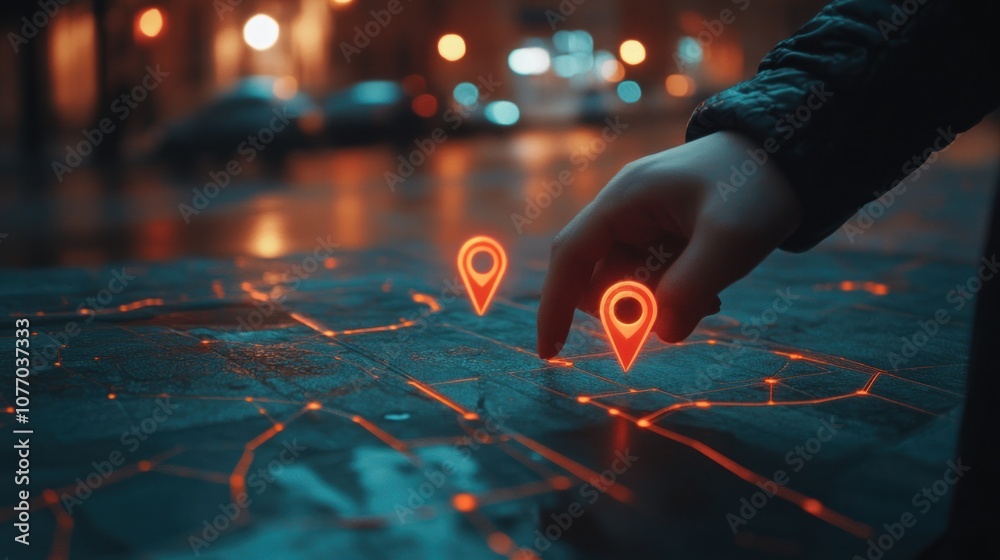 Digital hand set location on map with two pins. AI technology in GPs ...