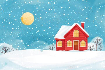 Poster - An up-close view of a toy house and a drawn manually vector artwork of Christmas featuring snow on a blue background with a large text area, Generative AI.
