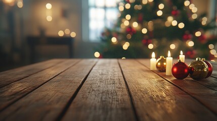 Poster - Soft candlelight illuminates a rustic wooden table adorned with ornaments, setting a warm holiday atmosphere near a decorated Christmas tree filled with lights and festive cheer.