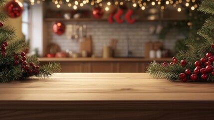 Poster - A wooden table sits in front of a blurred background of a kitchen decorated for Christmas. The table is decorated with pine branches and red berries, with strings of lights hanging above.