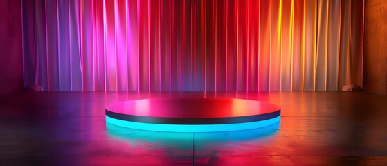Poster - Vibrant Stage with Colorful Lighting and Circular Platform Surrounded by Striking Neon Hues in an Artistic Setting for Performances or Events