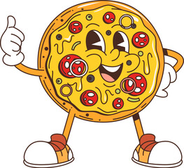 Poster - Cartoon retro groovy fast food pizza character with thumb up and funny face, vector comic art. Groovy funky fast food pizza with salami, happy smile and yummy thumb up gesture for pizzeria menu sign