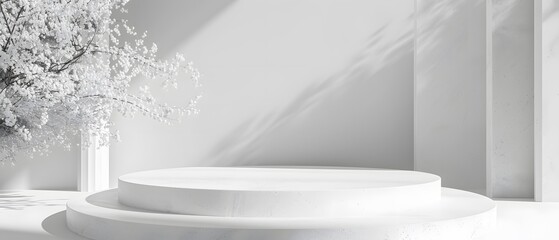 Poster - Elegant minimalist studio setting with circular podium, soft shadows, and blossoming white flowers against a fresh white background for creative presentations