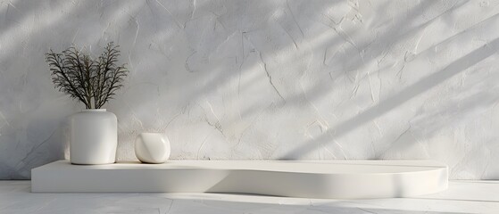 Poster - Minimalist White Display with Smooth Surface and Decorative Pots Surrounded by Soft Natural Light and Shadow on Textured Wall