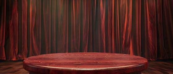 Poster - Elegant wooden stage with rich red curtain backdrop creating an inviting atmosphere for performances, presentations, or events in a theatrical setting