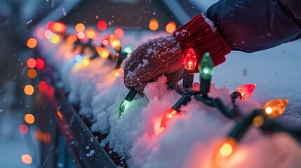 Poster - A close-up shows a person stringing Christmas lights in various colors across a snowy rooftop with plenty of room for text or backdrop, Generative AI.