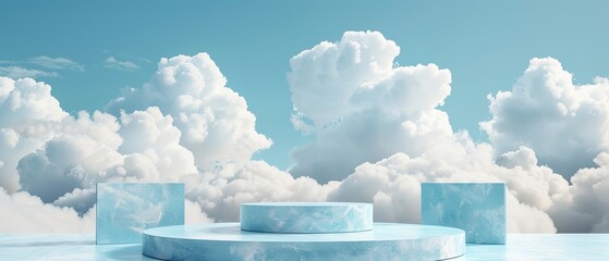 Wall Mural - Refined 3D Platform with Cloud Themed Podium for Product Presentation