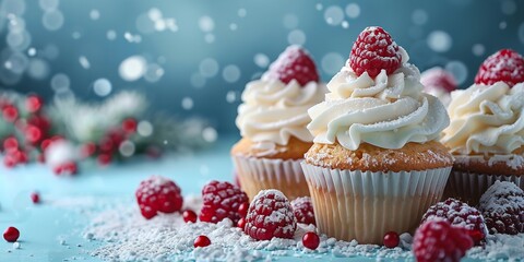 Poster - Christmas cupcakes in the center and up close against a light blue background covered in snow with a large content area for background usage, Generative AI.