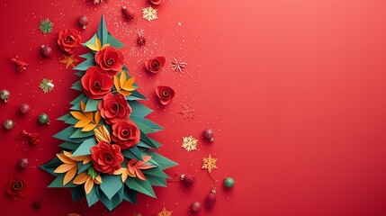 Poster - A detailed view of featuring a large content area for writing a colorful paper Christmas tree with branches and snowflakes on a red backdrop, Generative AI.