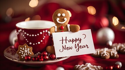 Poster - An up close and personal photo of a gingerbread man emerging from a cup while clutching a white card Happy New Year against a backdrop of red with plenty of room for text, Generative AI.