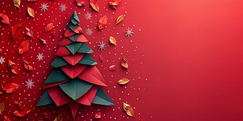 Poster - A detailed view of featuring a large content area for writing a colorful paper Christmas tree with branches and snowflakes on a red backdrop, Generative AI.