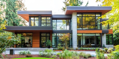 A modern house facade with large glass windows, sleek lines, and a mix of concrete and wood materials.