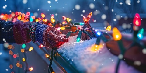 Poster - A close-up shows a person stringing Christmas lights in various colors across a snowy rooftop with plenty of room for text or backdrop, Generative AI.