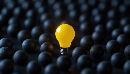 Poster - A yellow light bulb standing out from the crowd of black spheres on a dark background