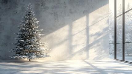 Poster - Modern Minimalist Room With Snowy Christmas Tree and Large Windows Bringing Natural Light Indoors, Showcasing Winter Wonderland Vibe and Tranquility