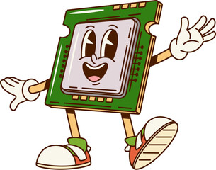 Poster - groovy computer chip character with funny face, vector funky retro cartoon comic. groovy freaky comp