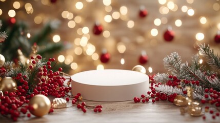 Poster - A white circular platform sits on a wooden surface surrounded by Christmas decorations. Pine branches with red berries, gold ornaments, and out of focus lights decorate the scene.