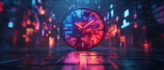 Aufkleber - Futuristic Clock Concept in a Neon Environment with Reflections and Vibrant Lights Illustrating the Passage of Time in a Digital World