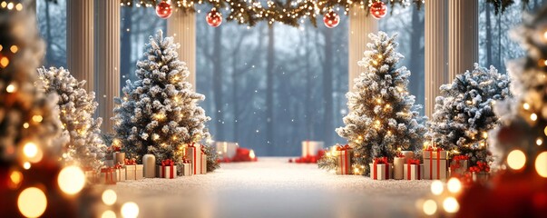 Aufkleber - Christmas trees decorated with fairy lights and gifts under falling snow