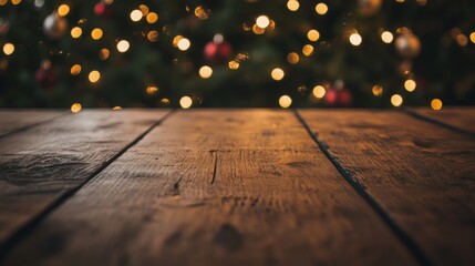 Poster - A cozy wooden floor captures the festive spirit with soft bokeh lights glowing from a Christmas tree, creating a warm and inviting atmosphere perfect for holiday celebrations.
