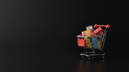 Aufkleber - Miniature shopping cart full of colorful generic products on a dark background representing online shopping and e commerce business