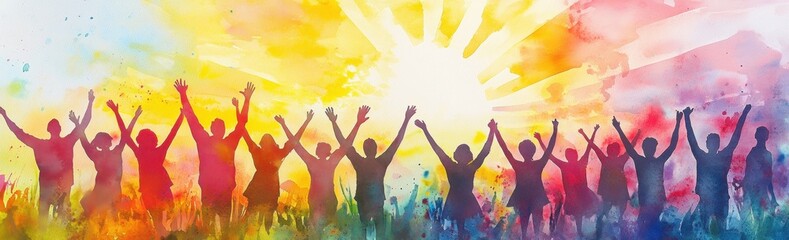 A vibrant watercolor illustration of a group of people standing with their arms raised in the air, forming an abstract shape that symbolizes unity and diversity Generative AI