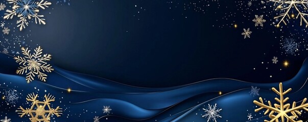 Poster - Elegant christmas background with golden and silver snowflakes flowing on blue waves