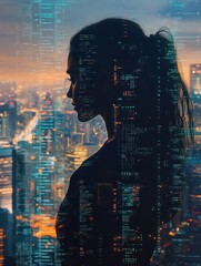 Poster - Woman Silhouetted Against Cityscape and Data Visualizations