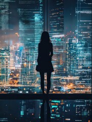 Poster - Woman Silhouetted Against Cityscape and Data Visualizations