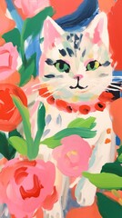 Sticker - Cat with flowers painting art graphics.