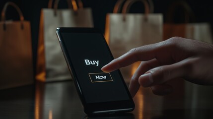 Poster - Hand touching buy now button on smartphone screen, completing online purchase with shopping bags blurred in the background, representing e commerce and online payment