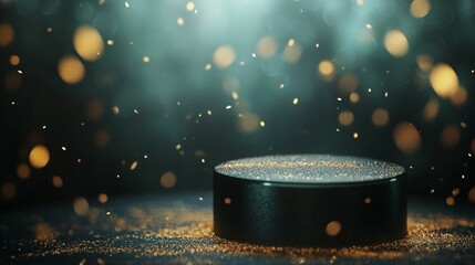 Poster - A hockey puck rests on a surface, illuminated by a soft glow, while golden particles float around it, creating a captivating atmosphere typical of an engaging game night in a sports arena.