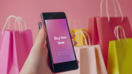 Aufkleber - Hand holding a smartphone displaying buy now button with colorful shopping bags in the background, representing online shopping and e commerce trends