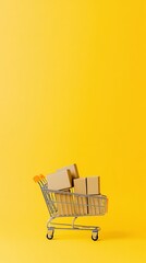 Poster - Miniature shopping cart full of cardboard delivery boxes represents the booming online shopping and e commerce industry on a vibrant yellow background, symbolizing speed and efficiency