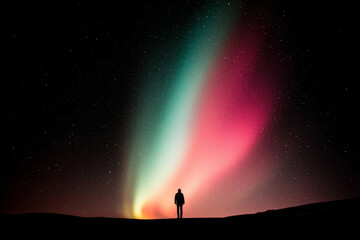 Wall Mural - A person stands in the dark, looking up at the sky