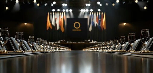 Fototapete - A spacious conference room with a long table, adorned with elegant chairs and illuminated by stage lights, featuring flags in the background.