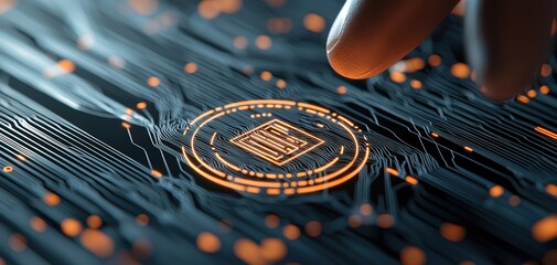 Fototapete - A futuristic image showing a finger touching a glowing circuit-like design with vibrant orange accents on a dark background, suggesting technology and innovation.
