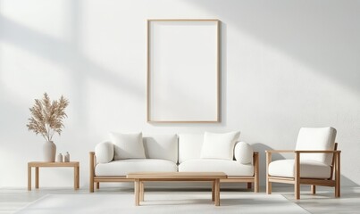 Poster - A modern, minimalist living room featuring a white sofa, wooden furniture, and a blank picture frame against a bright, airy wall.
