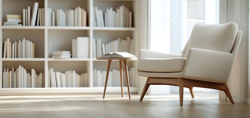 Aufkleber - A cozy reading corner featuring a patterned armchair beside a minimalist wooden table and a shelf filled with neatly arranged books.