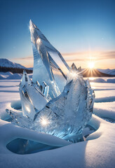 Wall Mural - Sunset over a frozen field with ice crystal