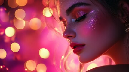 Poster - The image shows a close-up of a woman's face. She has pink eyeshadow and glitter on her cheeks and has a serious expression. The background is blurry and pink with out-of-focus lights.