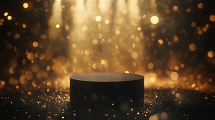 Fototapete - A circular, black platform sits on a surface covered in gold glitter. The background is a blurred golden backdrop with a strong light shining down from above.