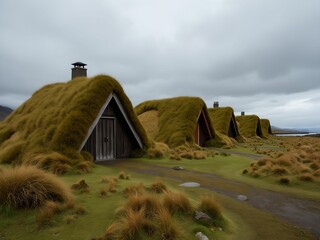 Poster - A row of unique, grass-covered homes nestled in a serene landscape.