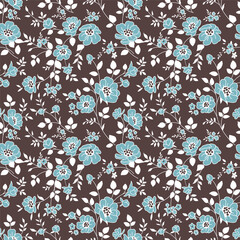 Fototapete - Seamless pattern with abstract flowers and leaves silhouette. Brown background with blossoming blue flowers. Wallpaper with cute blue flower in old vintage style. Vector stock illustration