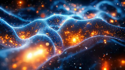 Poster - A close-up of an abstract glowing network with orange highlights and blue waves, representing cellular biology or data networks