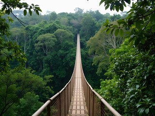 Poster - A suspension bridge stretches through a lush, verdant forest canopy.
